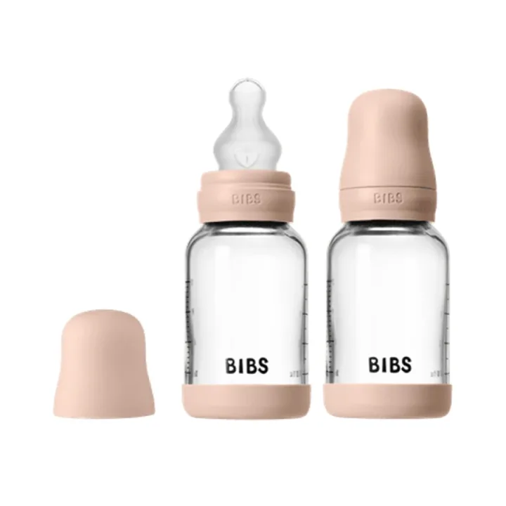 BIBS Glass Baby Bottle Round Silicone Slow Flow 120 ml 2-pack Blush Bibs
