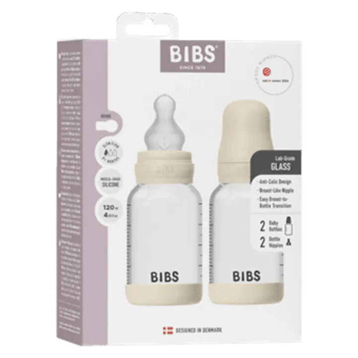 BIBS Glass Baby Bottle Round Silicone Slow Flow 120 ml 2-pack Ivory Bibs