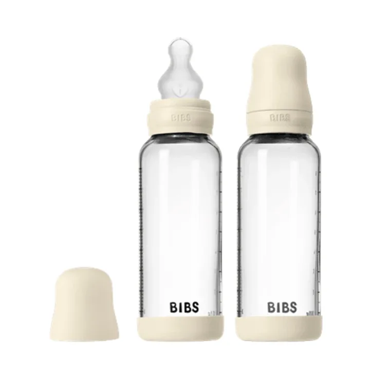 BIBS Glass Baby Bottle Round Silicone Medium Flow Ivory 240 ml 2-pack Bibs