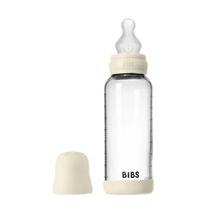 BIBS Glass Baby Bottle Round Silicone Medium Flow 240 ml Ivory Bibs