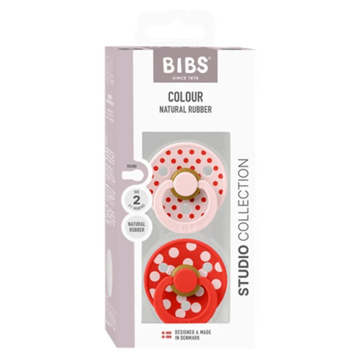 BIBS Pacifier Studio Colour Polka Latex Blossom/Candy Apple 2-pack Size 2 Bibs