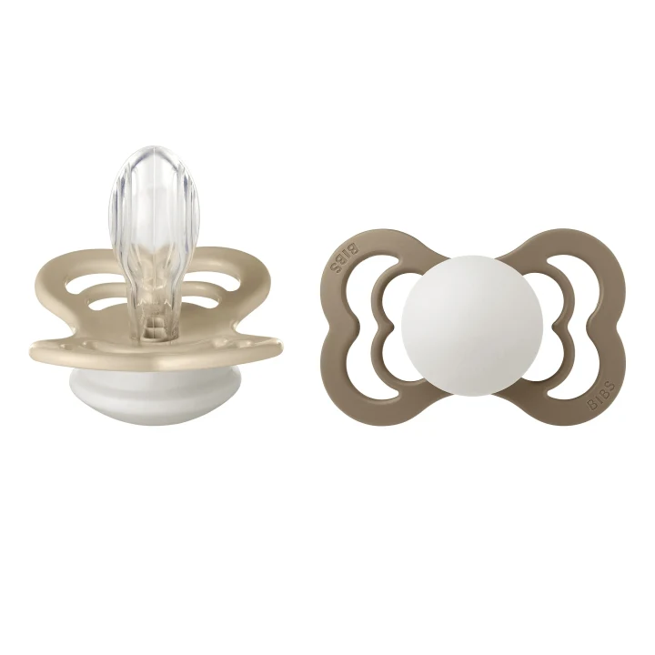 BIBS Pacifier Supreme Silicone Vanilla Glow/Dark Oak Glow 2-pack Size 2 Bibs