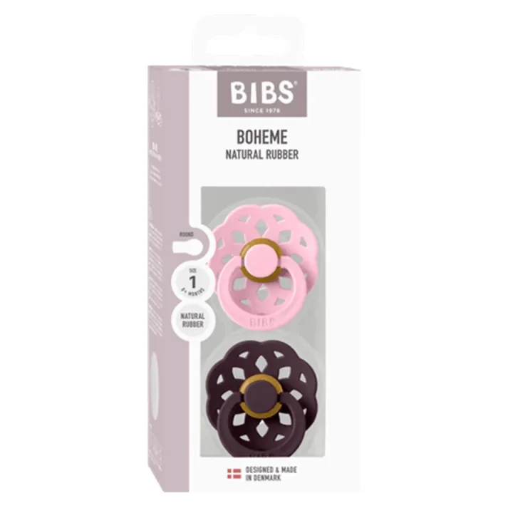 BIBS Pacifier Boheme Latex Baby Pink/Plum 2-pack Size 1 Bibs