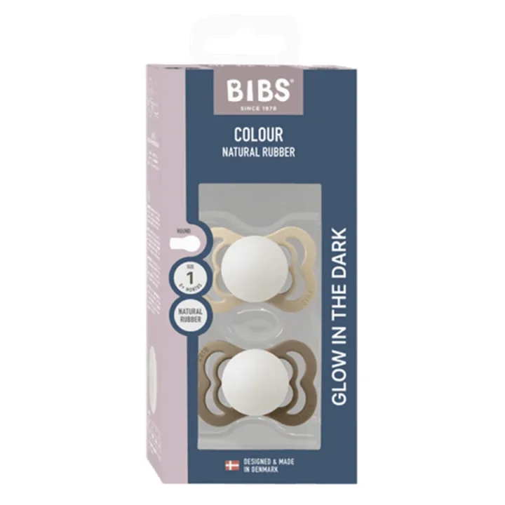BIBS Pacifier Supreme Silicone Vanilla Glow/Dark Oak Glow 2-pack Size 1 Bibs