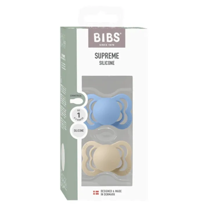 BIBS Pacifier Supreme Silicone Vanilla/Sky Blue 2-pack Size 1 Bibs