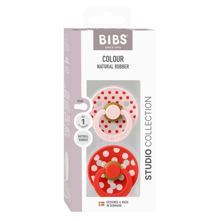 BIBS Pacifier Studio Colour Polka Latex Blossom/Candy Apple 2-pack Size 1 Bibs