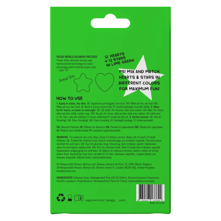 Peggy World Blemish Patches Hearts and Stars Lime Green 24 st Peggy World