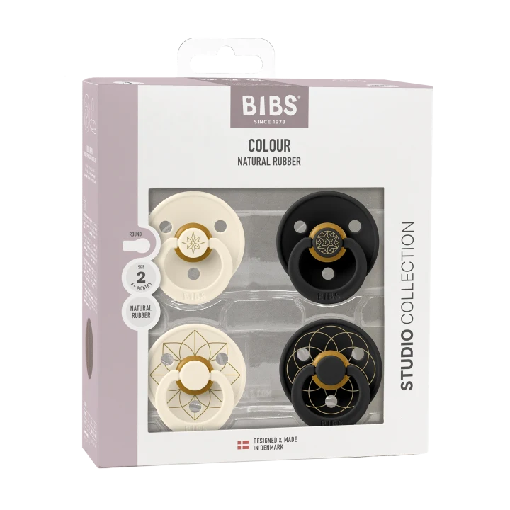 BIBS Pacifier Studio Colour Noor & Layl Latex Size 2 Ivory Gold Black Gold 4-pack BIBS