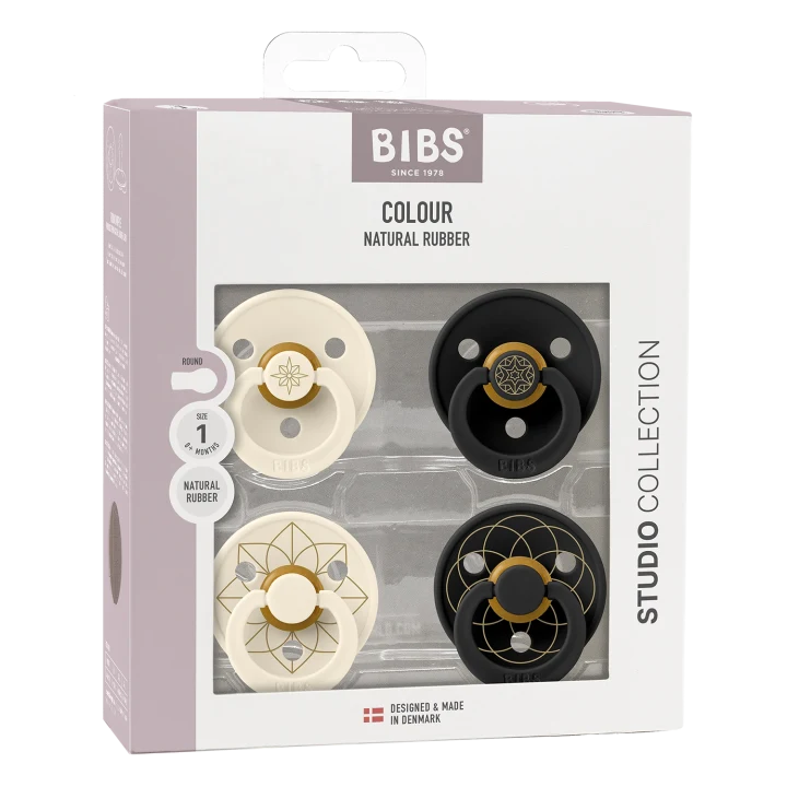BIBS Pacifier Studio Colour Noor & Layl Latex Size 1 Ivory Gold Black Gold 4-pack BIBS