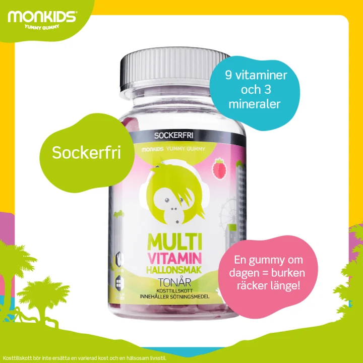 Monkids Multivitamin Sockerfri Tonår Hallon 60 st Monkids