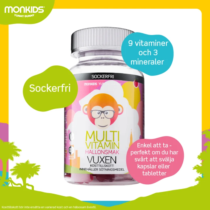 Monkids Multivitamin Sockerfri Vuxen Hallon 60 st Monkids