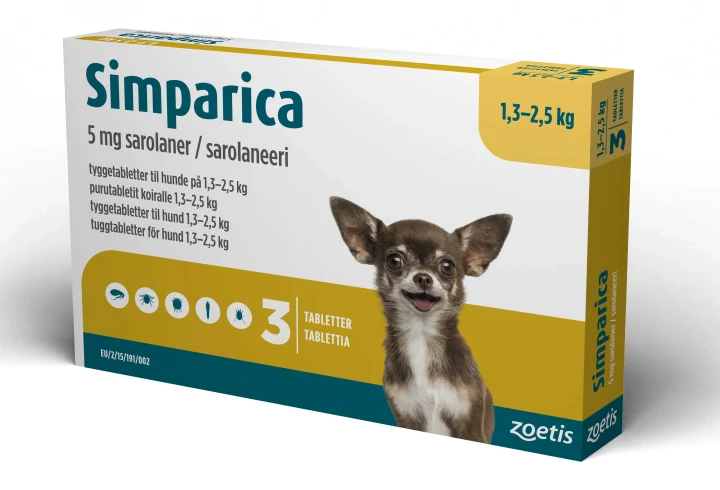 Simparica för hund 1,3-2,5 kg Tuggtablett 5mg Blister, 3tabletter 