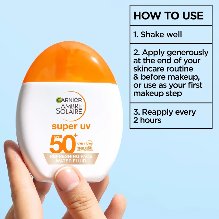 Garnier Ambre Solaire Super UV Refreshing Face Water Fluid SPF50+, 40 ml. Visa bild 5 av 6