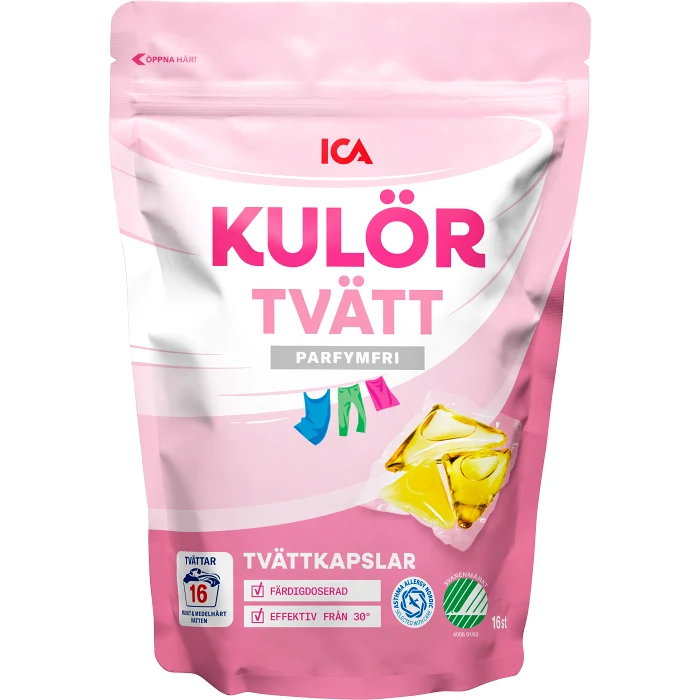 Tvättkapslar Kulörtvätt Oparfymerad 16-p ICA