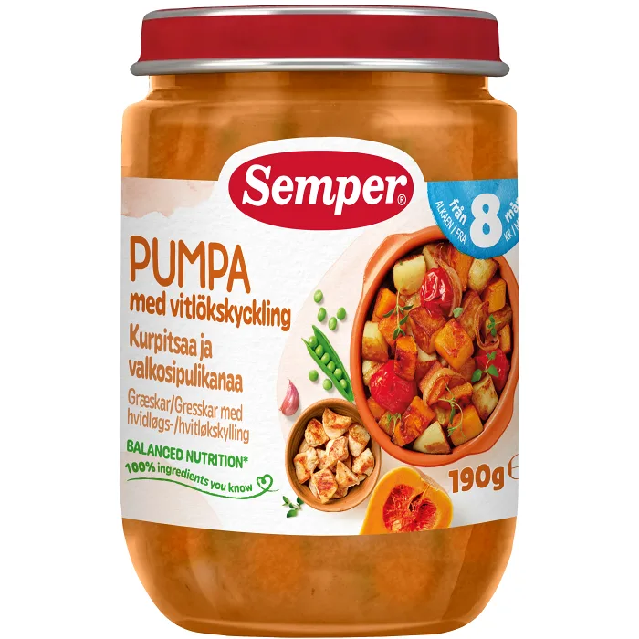 Barnmat Pumpa med vitlökskyckling 8m 190g Semper