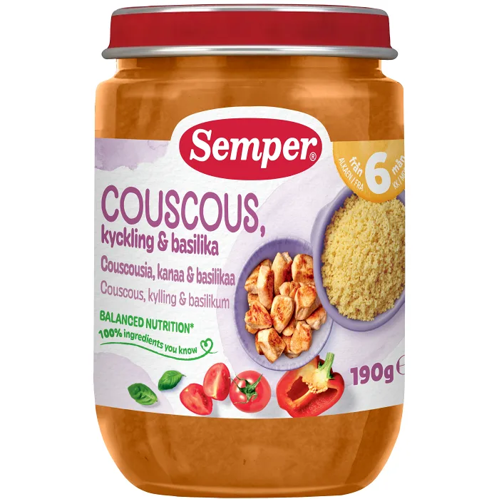 Barnmat Couscous med kyckling och basilika 6m 190g Semper