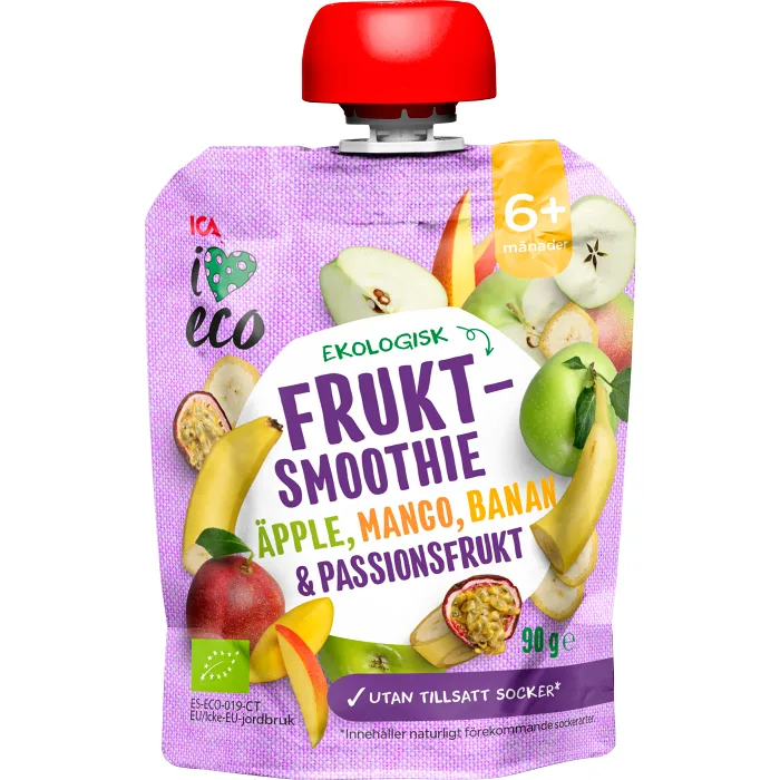 Fruktsmoothie Äpple, mango, banan & passionsfrukt 6+mån 90g ICA I love eco