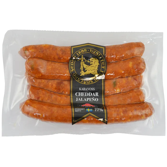 Kryddkorv Kabanoss Jalapeno Cheddar 77% kötthalt 230g Hirschmans Charkuteri