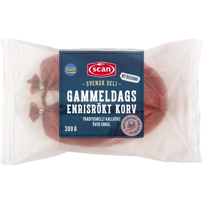 Korv Gammeldags Enrisrökt Kallrökt 73% Kötthalt 300g Scan