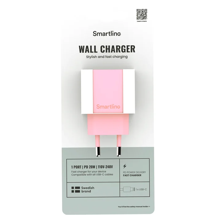 Mobilladdare USB-C 20W PD rosa Smartline