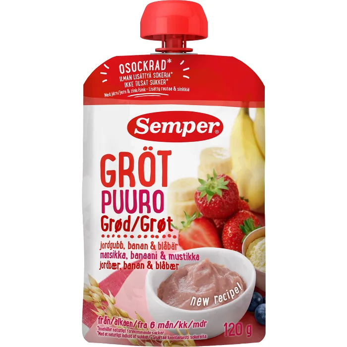 Gröt med jordgubb, banan & blåbär 6m 120g Semper