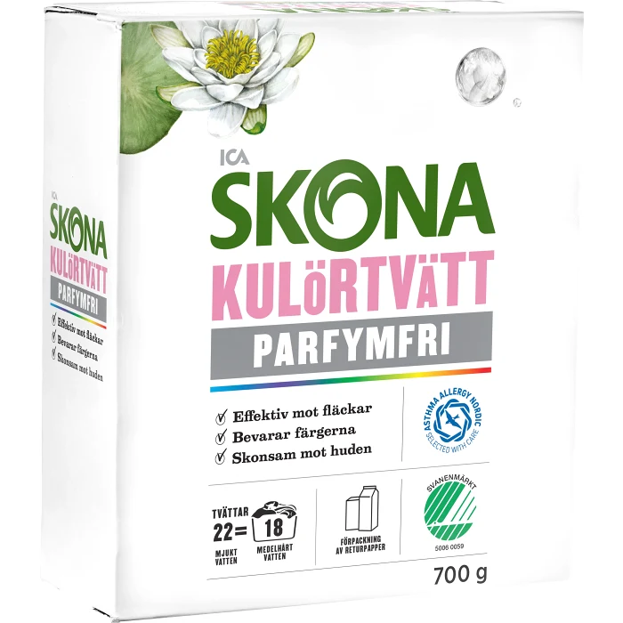 Tvättmedel Kulör Parfymfri 700g Miljömärkt ICA Skona
