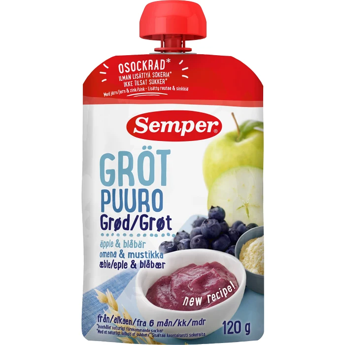 Gröt med äpple & blåbär 6m 120g Semper