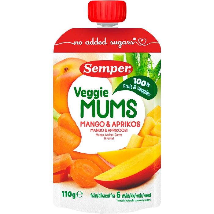 Barnmat Frukt & veggie mums mango & aprikos 6m 110g Semper