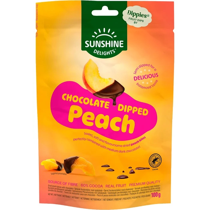 Chokladdoppad torkad frukt Peach Chocolate 100g Dippies Fruit Dips