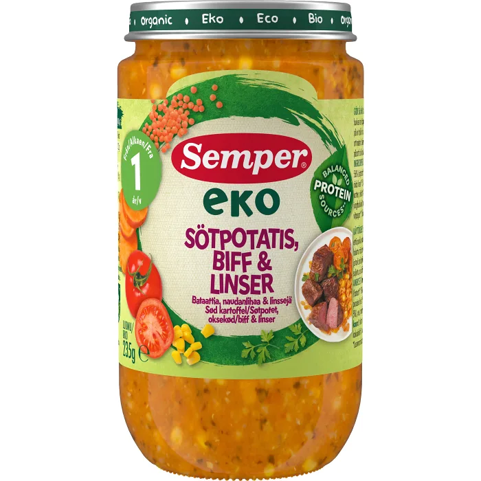 Barnmat Sötpotatis, biff & linser Eko 1år 235g Semper