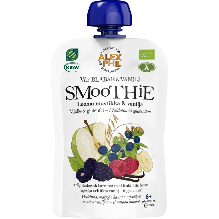 Barnmat Smoothie blåa bär & vanilj Klämmis 6m 100g KRAV Alex & Phil