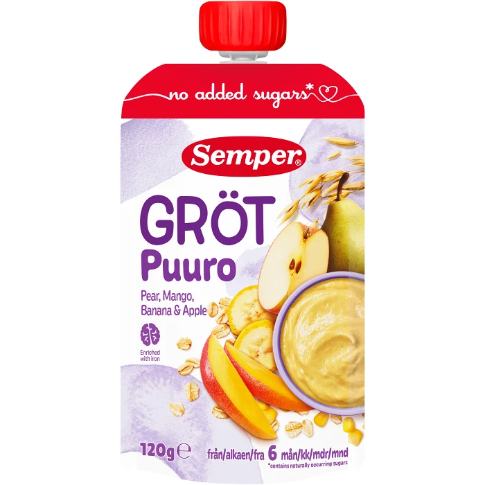 Gröt med päron, mango, banan & äpple 6m 120g Semper