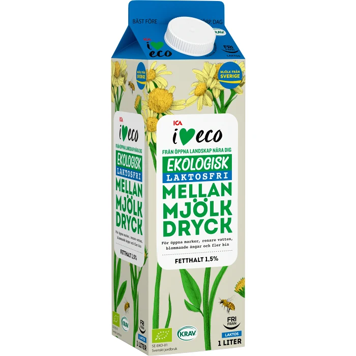 Mellanmjölksdryck Laktosfri 1,5% 1l KRAV ICA I love eco