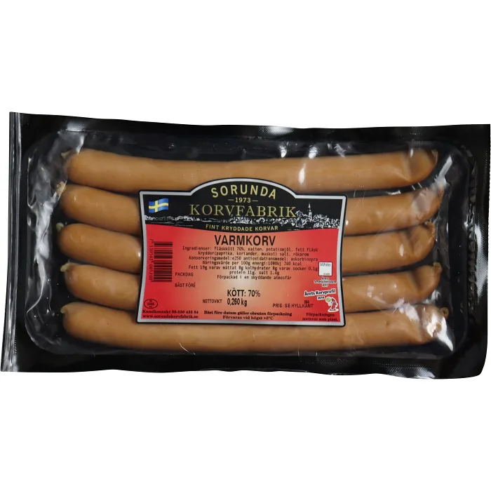 Varmkorv 70% kötthalt 260g Sorunda Korvfabrik