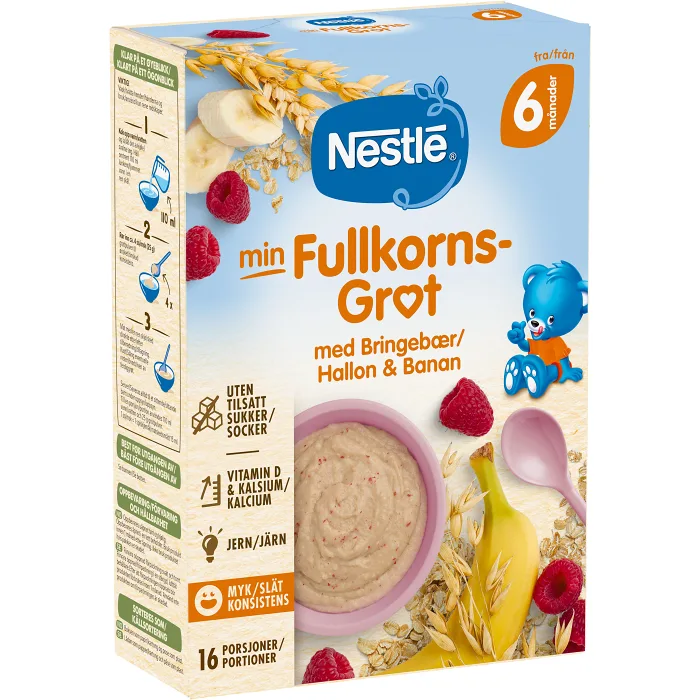 Barnmat Min Fullkornsgröt hallon & banan 6m 16-port Nestle