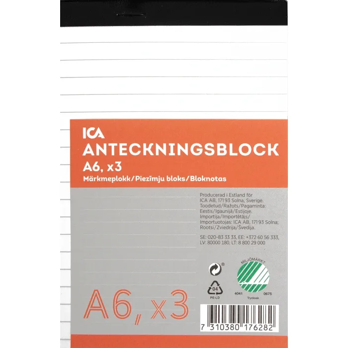Anteckningsblock A6 3-p linjerat ICA Home