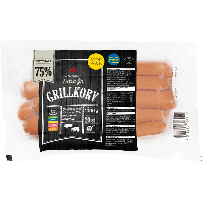 Grillkorv Extra fin 75% Kötthalt 1kg ICA