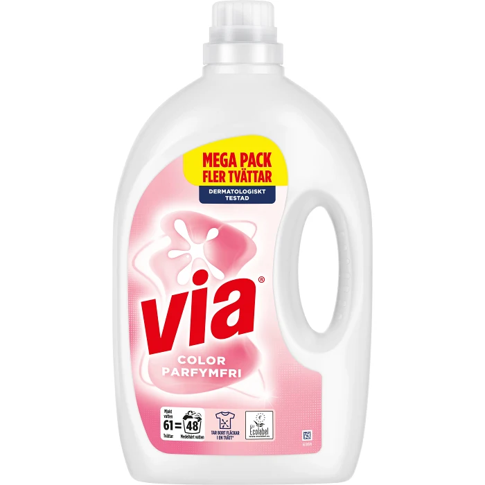 Tvättmedel Flytande Color Parfymfri Miljömärkt 2440ml Via