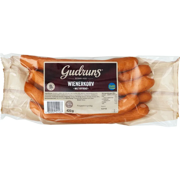 Wienerkorv 79%  Kötthalt 420g Gudruns