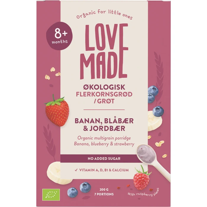 Flerkornsgröt med mjölk, banan, blåbär  jordgubbe Eko 8m 200g Lovemade Organics