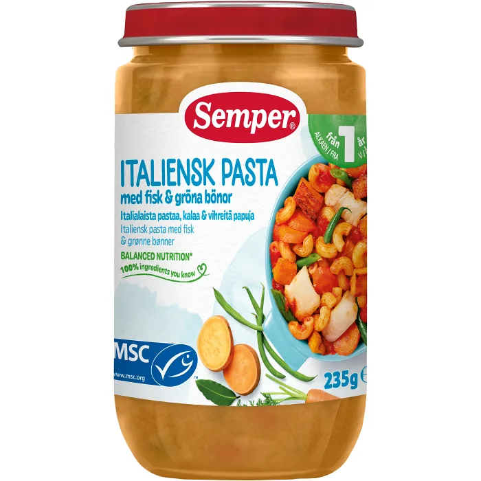 Barnmat Italiensk pasta med fisk & gröna bönor 1år 235g Semper