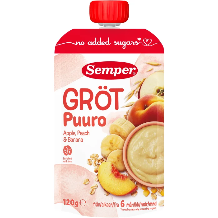 Gröt med äpple, persika & banan 6m 120g Semper