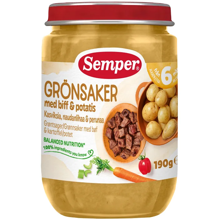 Barnmat Grönsaker med biff 6m 190g Semper