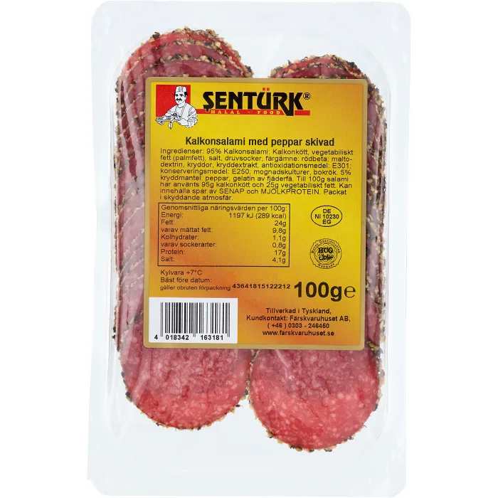 Kalkonsalami med peppar skivad 100g Sentürk