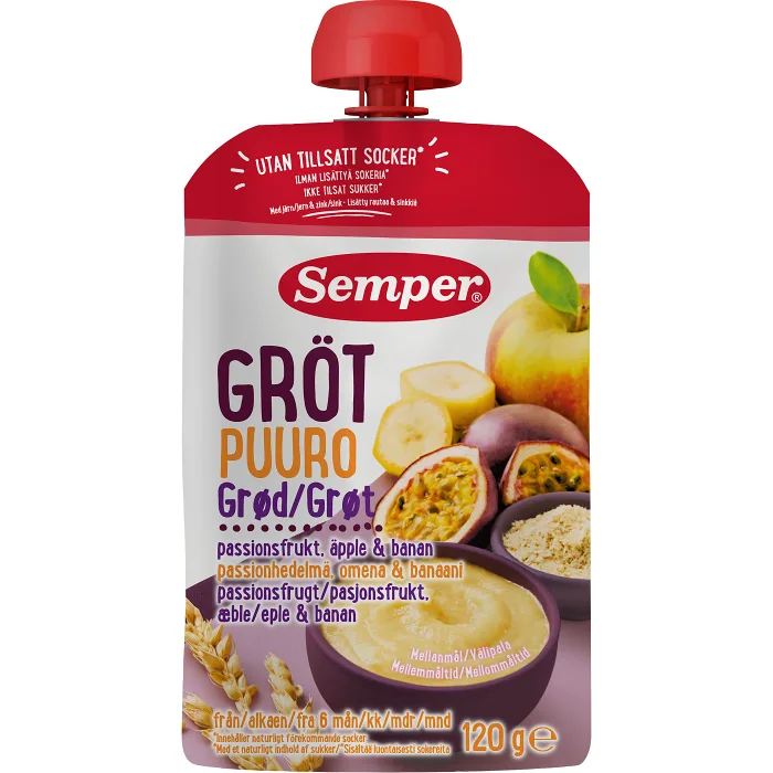 Barnmat Gröt passionsfrukt, äpple & banan 6m 120g Semper