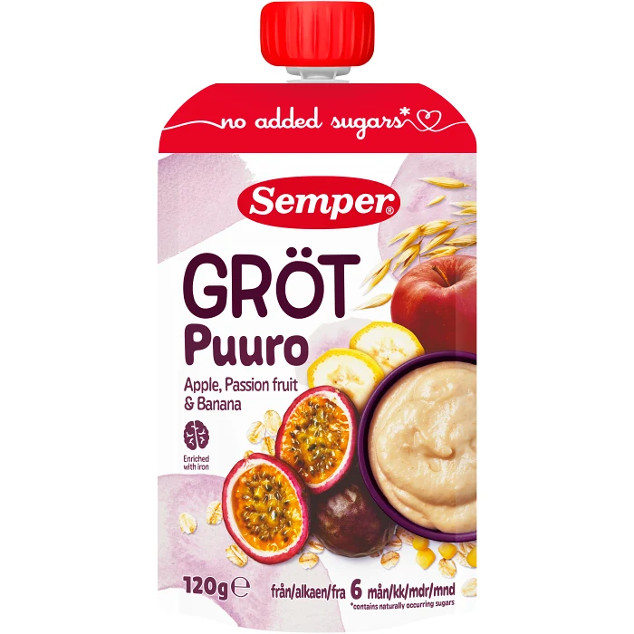 Barnmat Gröt passionsfrukt, äpple & banan 6m 120g Semper