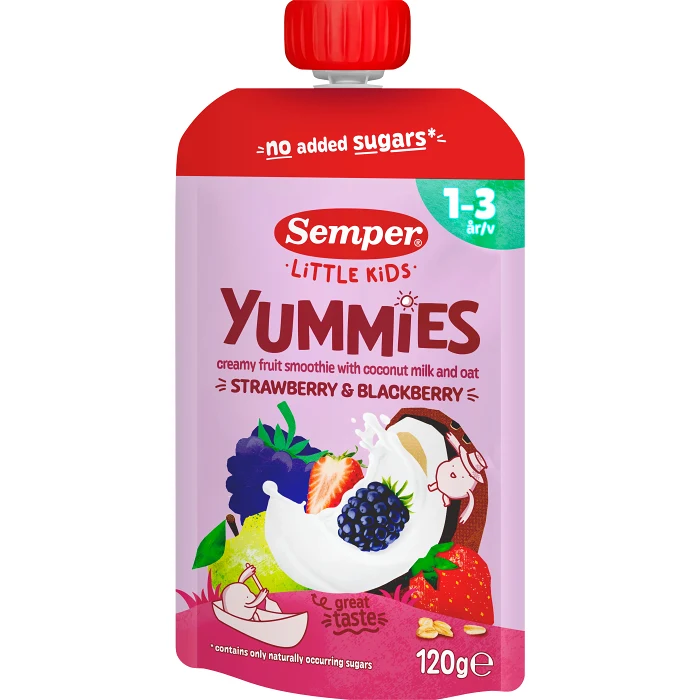 Yummies strawberry/blackberry  klämmis 1år 120g Semper