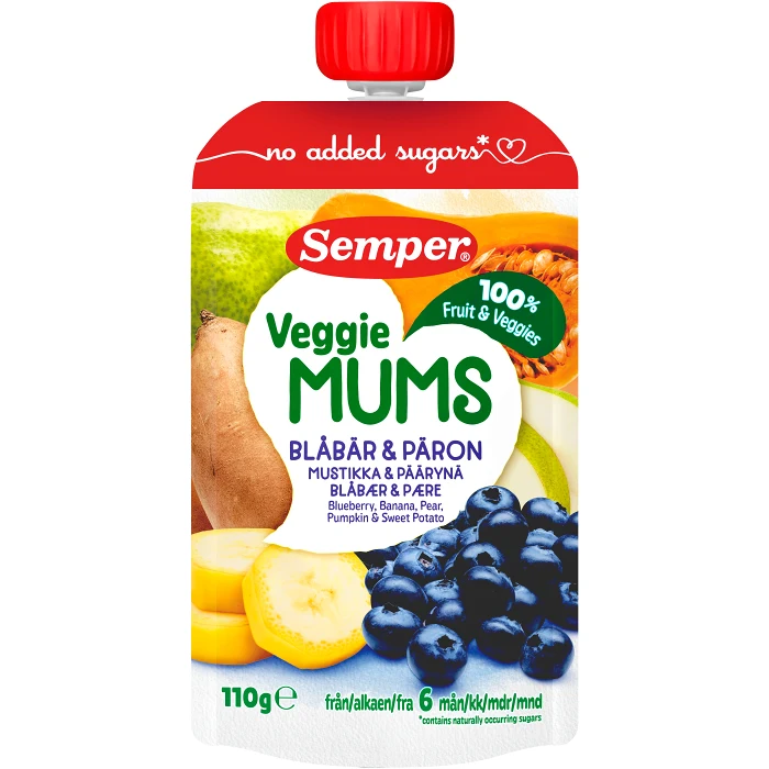 Barnmat Frukt & veggie mums blåbär & päron 6m 110g Semper