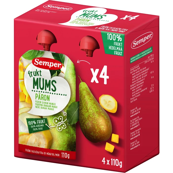Barnmat Fruktmums päron 6m 4-p 440g Semper
