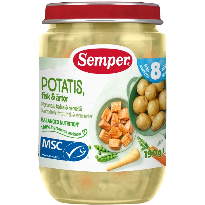 Barnmat Potatis, fisk & ärtor 8m 190g Semper